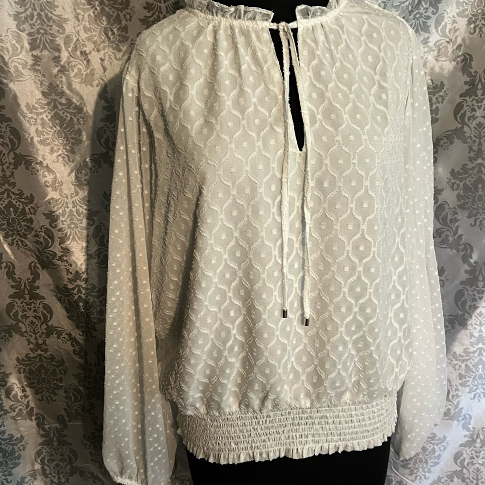 White House Black Market Elegant White Women's Peasant Blouse with neck tie